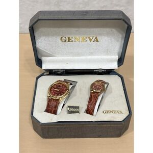 Geneva His & Hers Matching Quartz Watch Set Red Dial Gold Tone w/ Box 110026